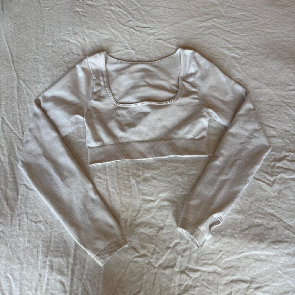 Cropped Long Sleeve White Workout Top